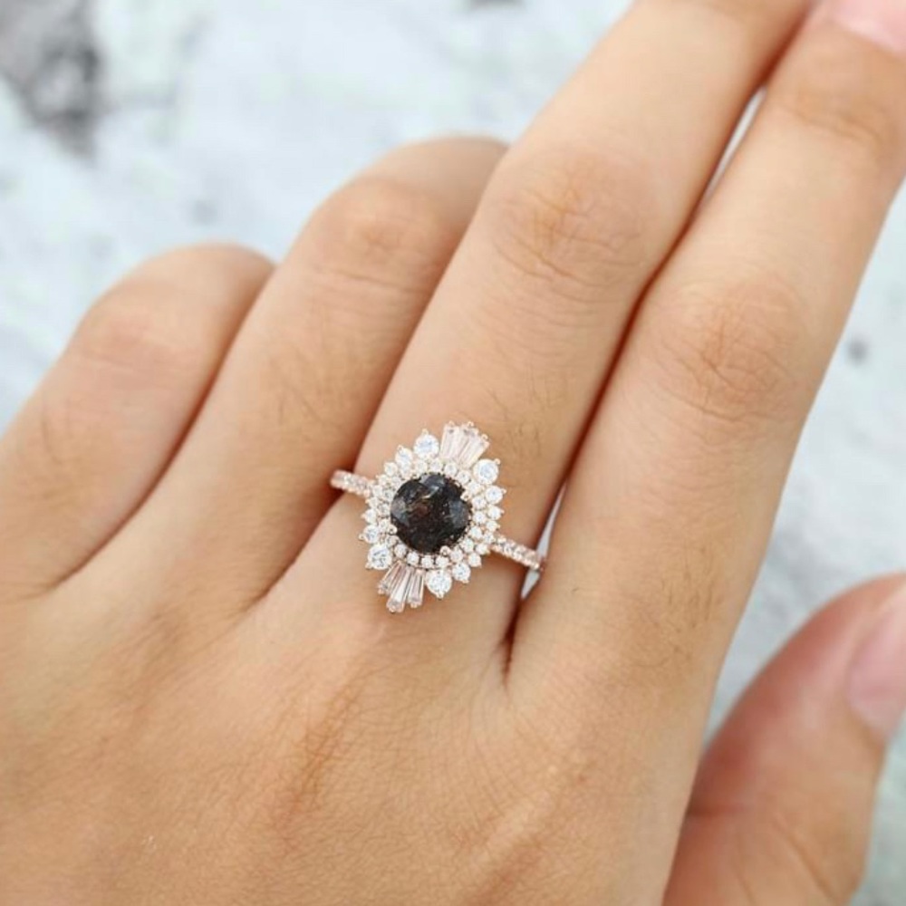 Black Rutilated Quartz Rose Gold Art Deco Ring